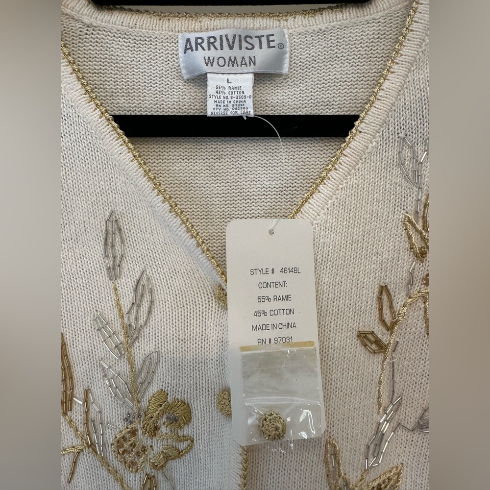 NWT Vintage Early 90’s Arriviste Cream Cardigan with Gold Floral Design Large - Picture 5 of 8